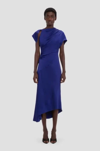 Asymmetric twist dress in bright indigo