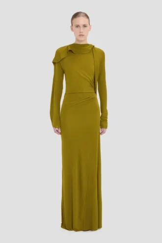 Closed neck drape gown in moss