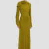 Closed neck drape gown in moss
