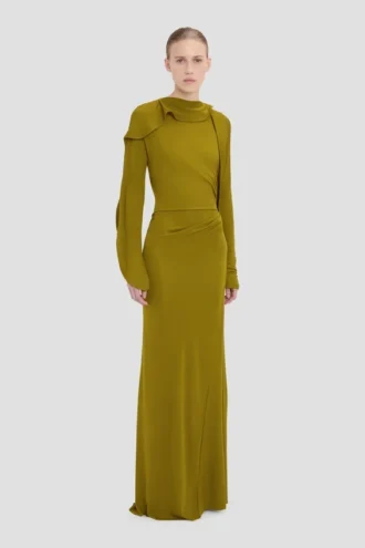 Closed neck drape gown in moss