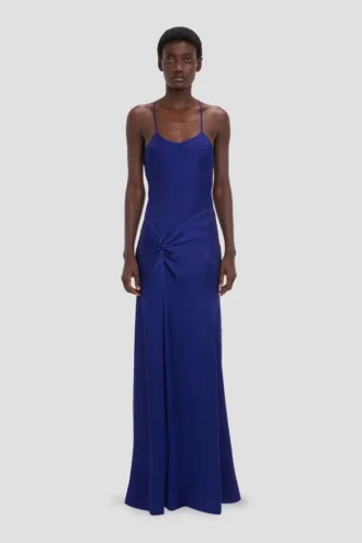 Draped cami gown in bright indigo