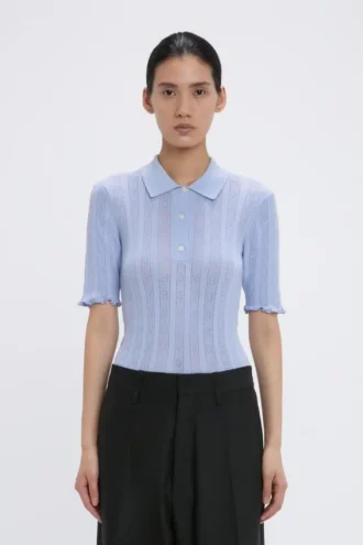 Frill polo top in cloud blue