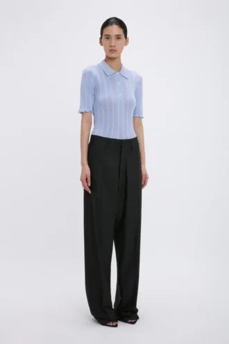 Frill polo top in cloud blue