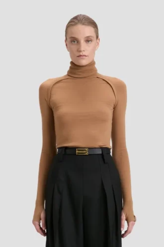 High neck jumper in dark camel