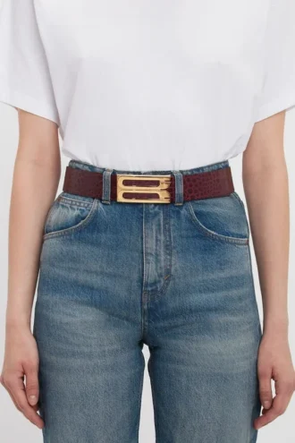 Jumbo dorian belt in burgundy croc embossed calf leather