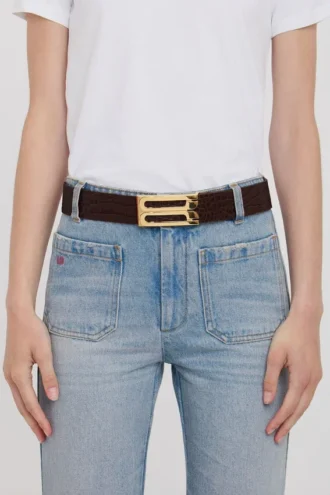 Jumbo dorian belt in chocolate croc embossed leather