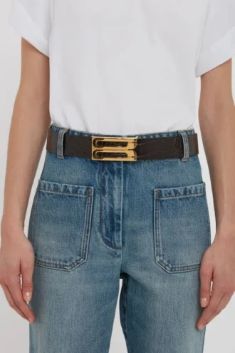 Jumbo dorian belt in espresso croc embossed calf leather