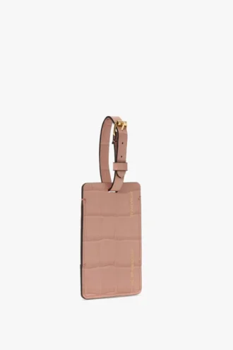 Luggage tag in blush pink croc embossed leather