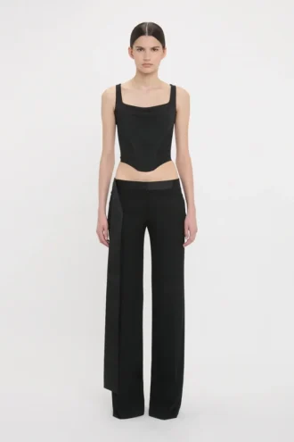 Satin waistband trouser in black