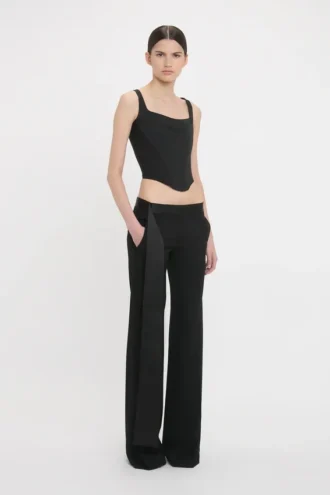 Satin waistband trouser in black