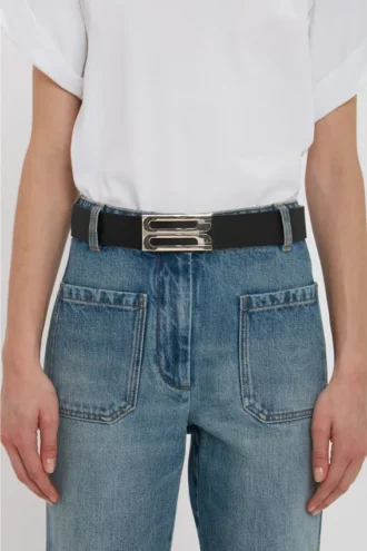 Silver buckle jumbo dorian belt in black grained leather