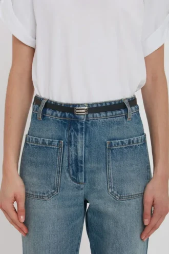 Silver buckle micro dorian belt in black grained leather