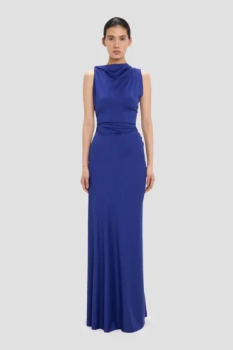 Sleeveless draped gown in bright indigo