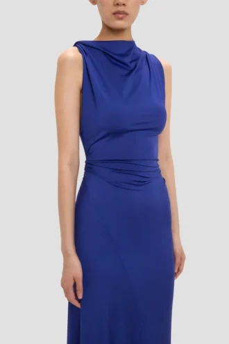 Sleeveless draped gown in bright indigo