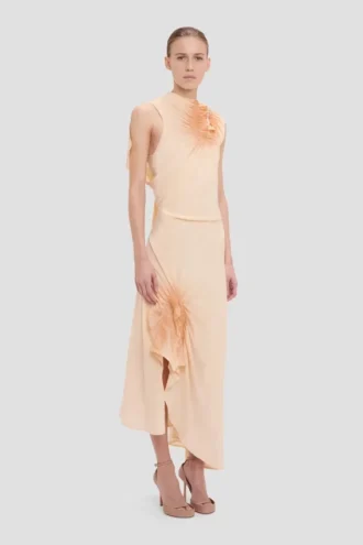 Smocked dress in sandstone