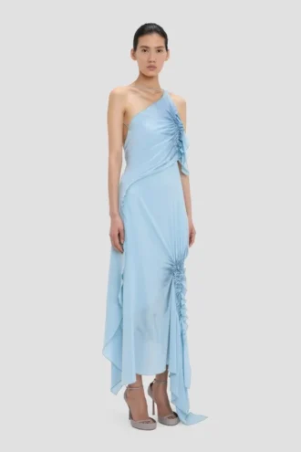 Smocked halter dress in ionian blue